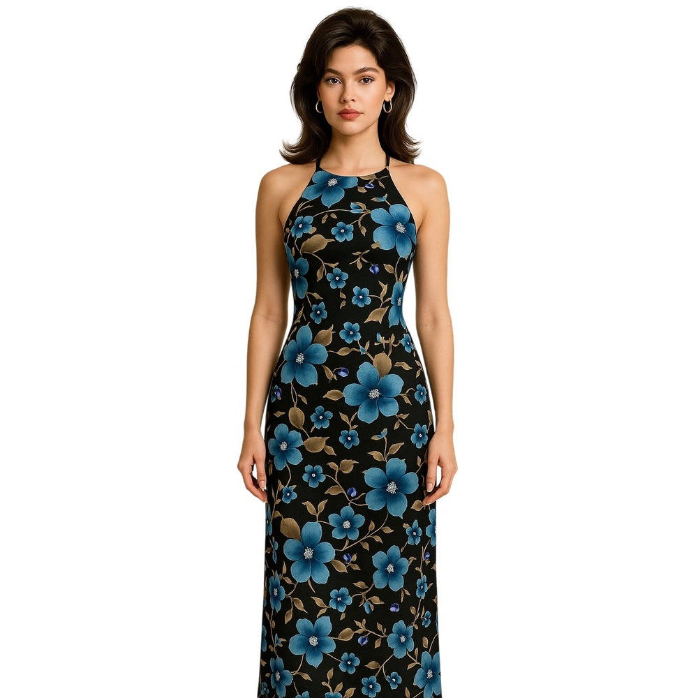Vintage 90s Intereni Blue Floral Maxi‎ Dress Halter Neck Sheath USA Cocktail